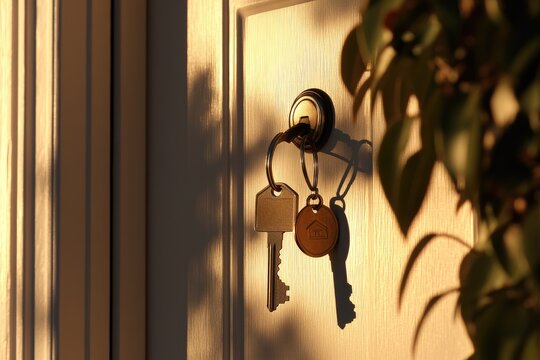 Golden hour sunlight illuminates house keys hanging in a door's keyhole, partially obscured by foliage