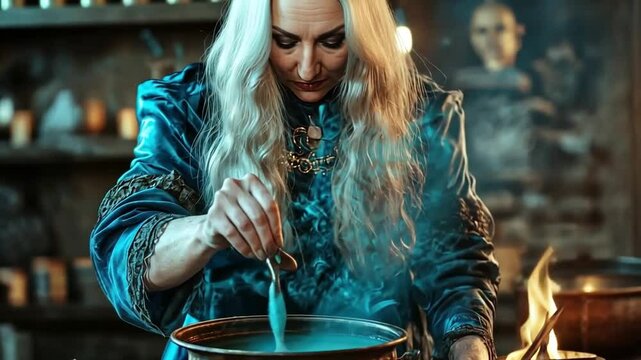 A witch stirring a potion in a cauldron, surrounded by a mystical ambiance.