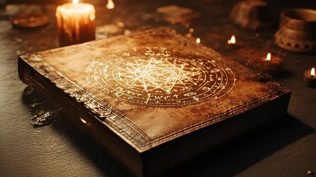 An ancient tome with glowing symbols, set in a mystic candlelit environment.