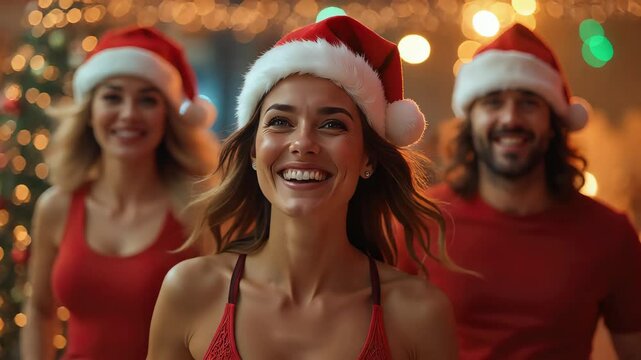 Festive zumba dance and fitness class with santa hats, joyful diverse group celebrating holiday in workout