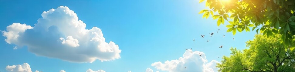 A bright and sunny day, fluffy clouds fill the sky, birds are singing, a gentle breeze rustles leaves, conveying a sense of pure joy and uplifting optimism , scenic, environment