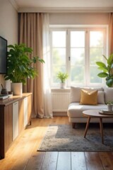 Fototapeta premium Abstract blurred interior scene, soft focus, bokeh effect, light and airy feel, perfect for background or design element Ideal for home decor, lifestyle, and advertising projects , cozy, furniture