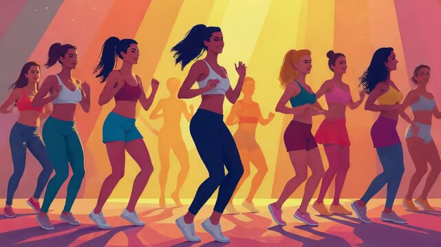 Energetic group of women enjoying a zumba dance and fitness class in a colorful studio setting