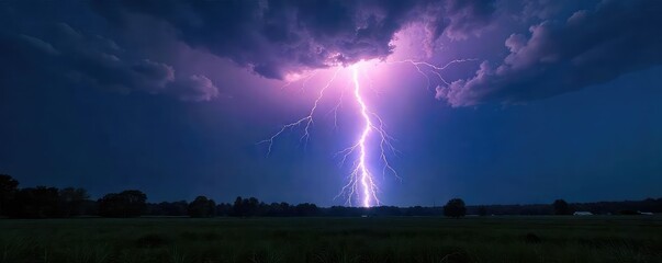 A dramatic close-up of a bolt of lightning striking the ground during a powerful thunderstorm, illuminating the dark landscape with intense light , awesome, rain