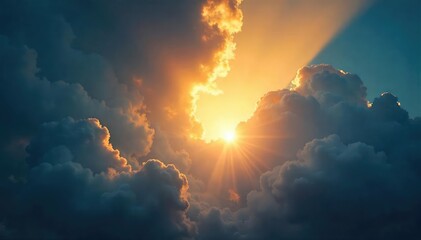 Fototapeta premium A symbolic image depicting Christian salvation; a bright light shining through dark clouds, representing hope and deliverance from sin and despair , sky, faith, spirit