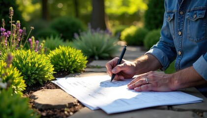 A landscaping architect reviews blueprints for a stunning outdoor oasis, meticulously planning every detail from plant selection to hardscape integration , eco-friendly, softscape, native plants