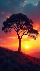Obraz premium A lone tree silhouetted against a vibrant sunset, swaying gently in a strong wind; the wind whispers through its leaves creating a natural song , sky, rural, horizon