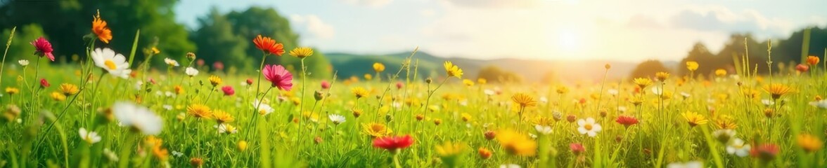 Obraz premium A vibrant, sun-drenched meadow is skipped over, leaving untouched wildflowers and tall grasses swaying gently in the breeze Perfect for themes of nature, freedom, and carefree joy , sunlight, scenery