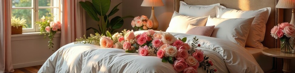 A luxurious bed adorned with a breathtaking floral arrangement, creating a romantic and whimsical scene Perfect for wedding, spa, or luxury hotel marketing , red, rest, pink