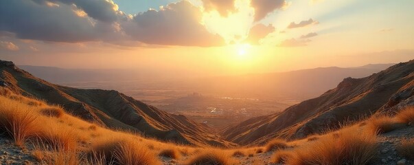 A majestic, sunlit landscape depicting the ancient hills and valleys of Israel, evoking a sense of divine presence and spiritual connection to the land , sun, spirituality