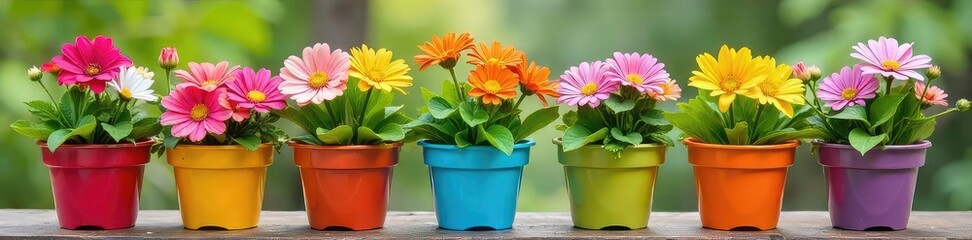 A cheerful array of colorful flowerpots brimming with vibrant blooms, ready to brighten any space Perfect for spring, summer, gardening, and home decor themes , gardening, petals