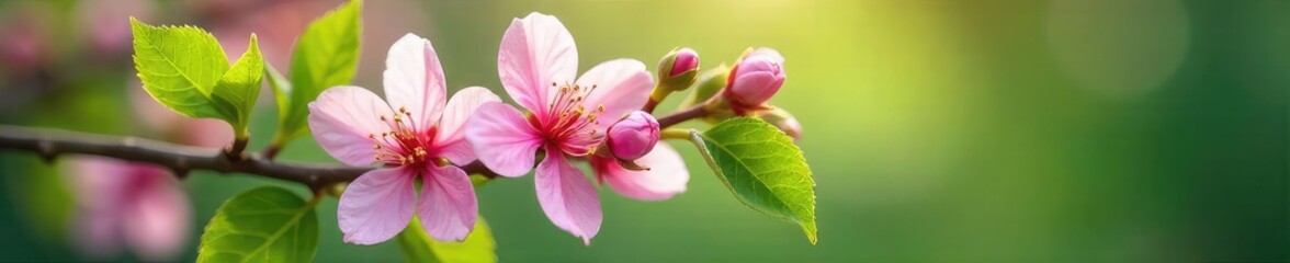 Obraz premium Close-up of a blossoming branch, delicate pink flowers and vibrant green leaves, symbolizing healing and renewal Perfect for health, wellness, and spring themes , garden, leaves