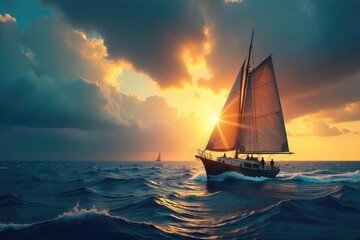 A lone sailboat navigates stormy seas, its sails full, heading towards a calm, sunlit horizon, symbolizing hope and deliverance from adversity , horizon, boat