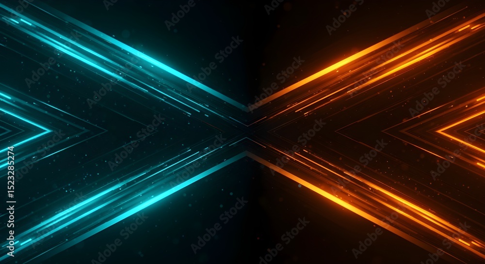 Poster abstract diagonal glowing lines in blue and orange with particle effects on dark background. futuris