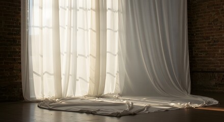 White Sheer Curtain Flowing in Sunlight Through a Window with Brick Wall