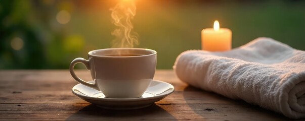 Fototapeta premium A steaming cup of tea sits beside a fluffy towel on a wooden table near a lit candle, creating a warm and inviting scene perfect for relaxation , health, wooden, warmth