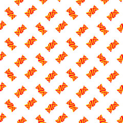 Wrapped Candy in bright colors seamless pattern. Doodle sweet treat for holiday themes. Orange, yellow and red stripes. Repeating Candy image perfect for Valentine or Candy artwork, wrapping paper.