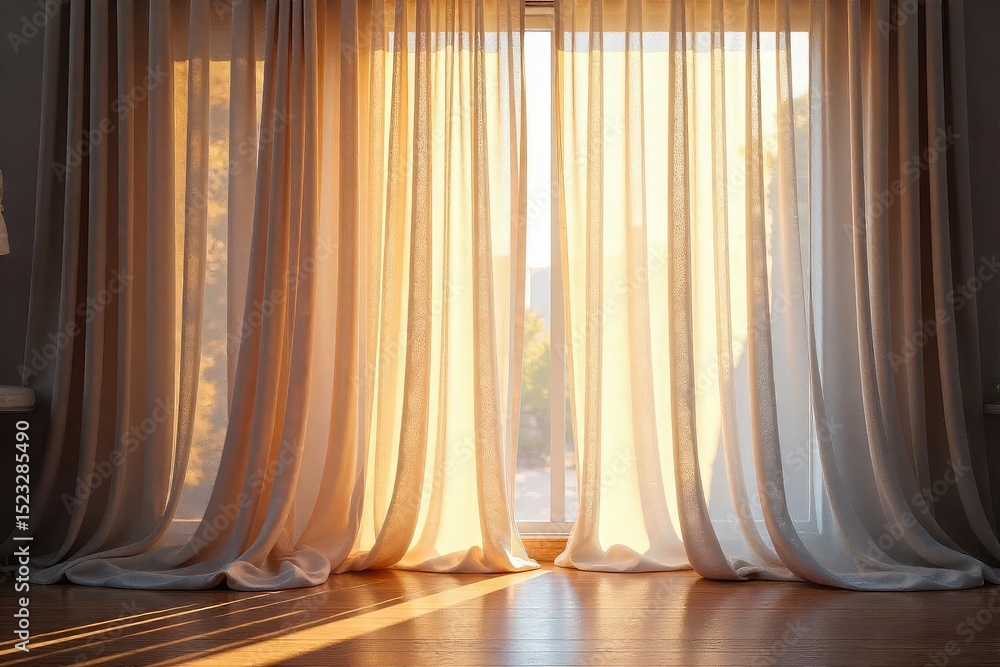 Poster elegant sheer curtains billow gently in a breeze, obscuring the view beyond while still allowing sof