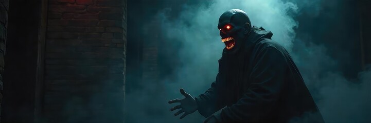 A shadowy figure cackles maniacally, a single spotlight illuminating their sinister grin amidst swirling darkness The scene is unsettling yet darkly humorous , skull, supernatural, black humor