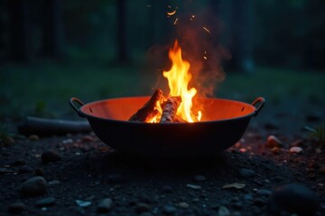 A single campfire burning brightly within a metal fire pit, safely contained and isolated from dry surroundings Embers glow warmly against the dark night , safety, summer