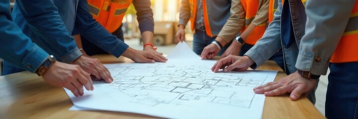 A team of hard hats and blueprints reviewing a construction site plan, ensuring accuracy and safety , worker, technical, planning
