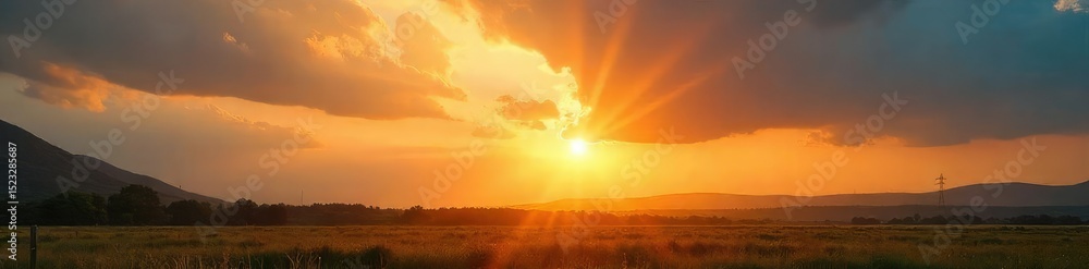 Poster golden hour sunlight streams through gaps in clouds, casting dramatic rays across a landscape perfec