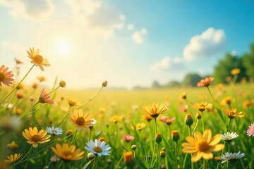 A sunlit field of wildflowers gently swaying in the breeze, promising a bright and hopeful future Perfect for illustrating themes of optimism and new beginnings , summer, landscape, serenity