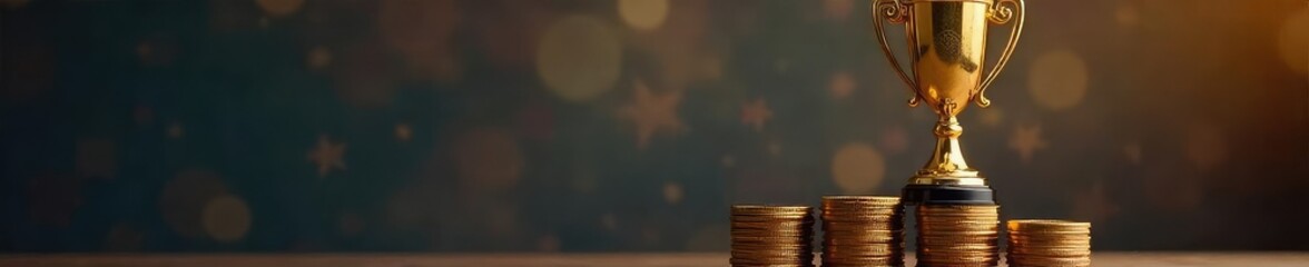 A triumphant golden trophy sits atop a stack of silver and bronze trophies, signifying ultimate victory and dominance in a competitive hierarchy , silver, power, gold