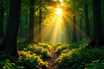 Golden hour sunlight streams through gaps in a lush green canopy, illuminating a forest floor dappled with light and shadow Perfect for nature, environmental, and peaceful themes , botanical, earth