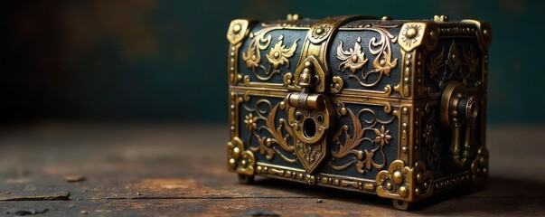Intriguing antique lockbox with ornate details, intricate mechanisms, and aged brass finish, perfect for mystery, adventure, or escape room themes , key, code, riddle
