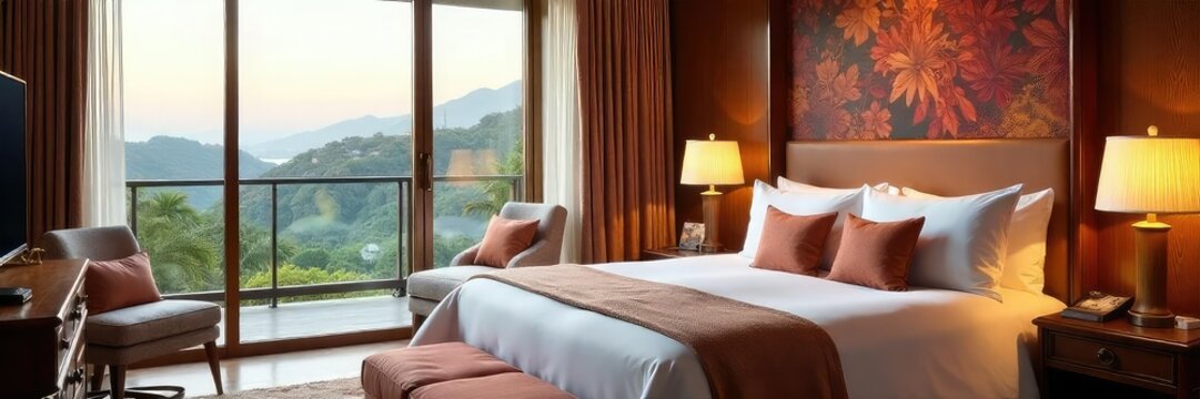 Indulge in opulent comfort at a luxury hotel Experience refined elegance with plush furnishings and breathtaking views from your private balcony Unwind in ultimate serenity , spa, service, chandelier