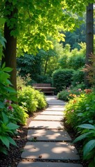 A winding garden path bordered by lush greenery, leading to a tranquil seating area Sunlight filters through the leaves, creating a dappled effect on the stone path , relaxation, meandering
