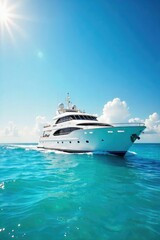 Naklejka premium A pristine, white yacht glides across turquoise waters under a vibrant summer sky; sun-drenched deck, glistening sea, luxurious escape , wealth, nautical, holiday