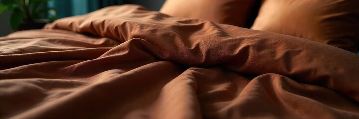 Close-up of rich, dark brown queen-sized bed linens, plush and luxurious, textured fabric, subtle sheen Perfect for bedding, home decor, and interior design websites , folds, high-end