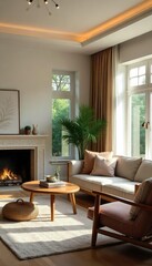 Fototapeta premium Cozy and inviting living room interior with comfortable furniture, natural light streaming through large windows, and stylish decor Perfect for relaxation and family time , home, relaxing