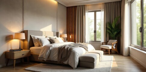 Cozy and inviting master bedroom interior design featuring a plush bed, soft lighting, and tasteful decor Perfect for relaxation and restful sleep , home, interior design