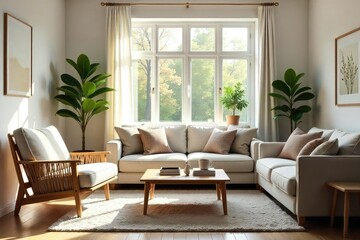 Cozy living room with comfortable sofa, armchair, and coffee table, natural light streaming through window, simple decor, homey atmosphere , minimalist, sunlight