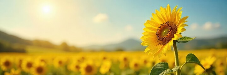A single, vibrant sunflower stands tall in a field, representing the beauty and resilience of a solitary life The sun shines brightly, illuminating its petals , countryside, independent, sunflower