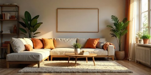 Cozy living room with warm lighting, plush rug, throw pillows, and decorative plants, creating a relaxed and inviting atmosphere , textures, house decor