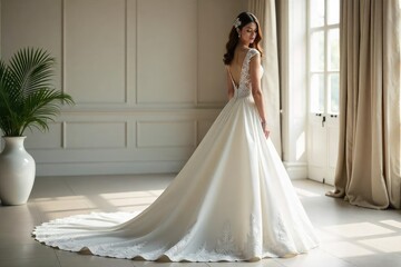 Fototapeta premium Elegant white wedding gown, lace detailing, flowing skirt, perfect for a bride Classic bridal style, romantic, timeless design, pristine white fabric , chiffon, wedding photoshoot