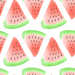 Watercolor watermelon seamless pattern with juicy slices. Hand painted watermelon pieces in fresh summer style. Refreshing summer fruit for vegan food lovers, watermelon trendy background, wrapping