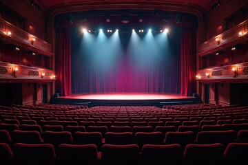 Empty bleachers in a grand theater, spotlight illuminating the stage, ready for a performance A sense of anticipation hangs in the air before the curtain rises , venue, spectators