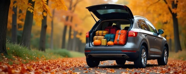 A family's car packed for a Thanksgiving road trip, luggage overflowing, autumn leaves scattered on the ground , car, nature, destination