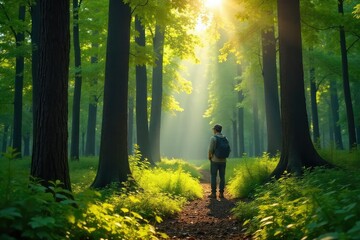 A forester examines a lush, healthy stand of trees in a mixed forest Sunlight dapples through the canopy, highlighting the vibrant green foliage and strong trunks , wilderness, sunlight