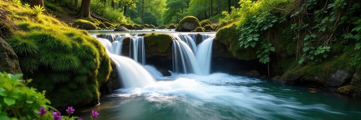 Fototapeta premium A vibrant spring cascade tumbles down moss-covered rocks, sunlight illuminating the cascading water and lush greenery Perfect for nature, travel, and environmental themes , tranquility, flowing