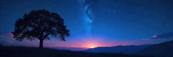 Silhouetted trees against a starlit night sky, conveying a sense of mystery and peaceful contemplation Perfect for meditation, spirituality, or nocturnal themes , meditation, sky, stargazing