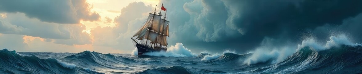 A majestic sailing ship battles a furious storm at sea, waves crashing against its hull, conveying a sense of powerful, untamed emotion , horizon, beauty