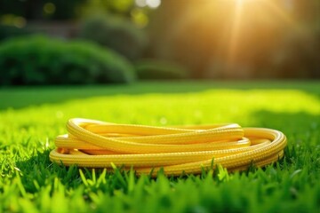 A vibrant yellow garden hose coils elegantly on a lush green lawn, ready for watering The sun illuminates its bright color, creating a cheerful summer scene , sunshine, watering, outdoor