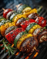 Close-up view of grilled vegetable skewers featu zucchini, bell peppers, tomatoes, and mushrooms seasoned with herbs on a barbecue grill outdoors now showing grill marks.