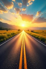 Fototapeta premium A picturesque, sun-drenched road stretches towards a vibrant horizon, promising adventure and open skies Perfect for travel, summer, and freedom themes , adventure, fields, destination